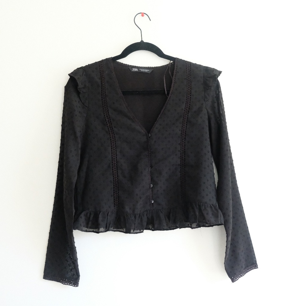 Zara Black Semi Sheer Chiffon Long Sleeve Blouse with Ruffle Hem
